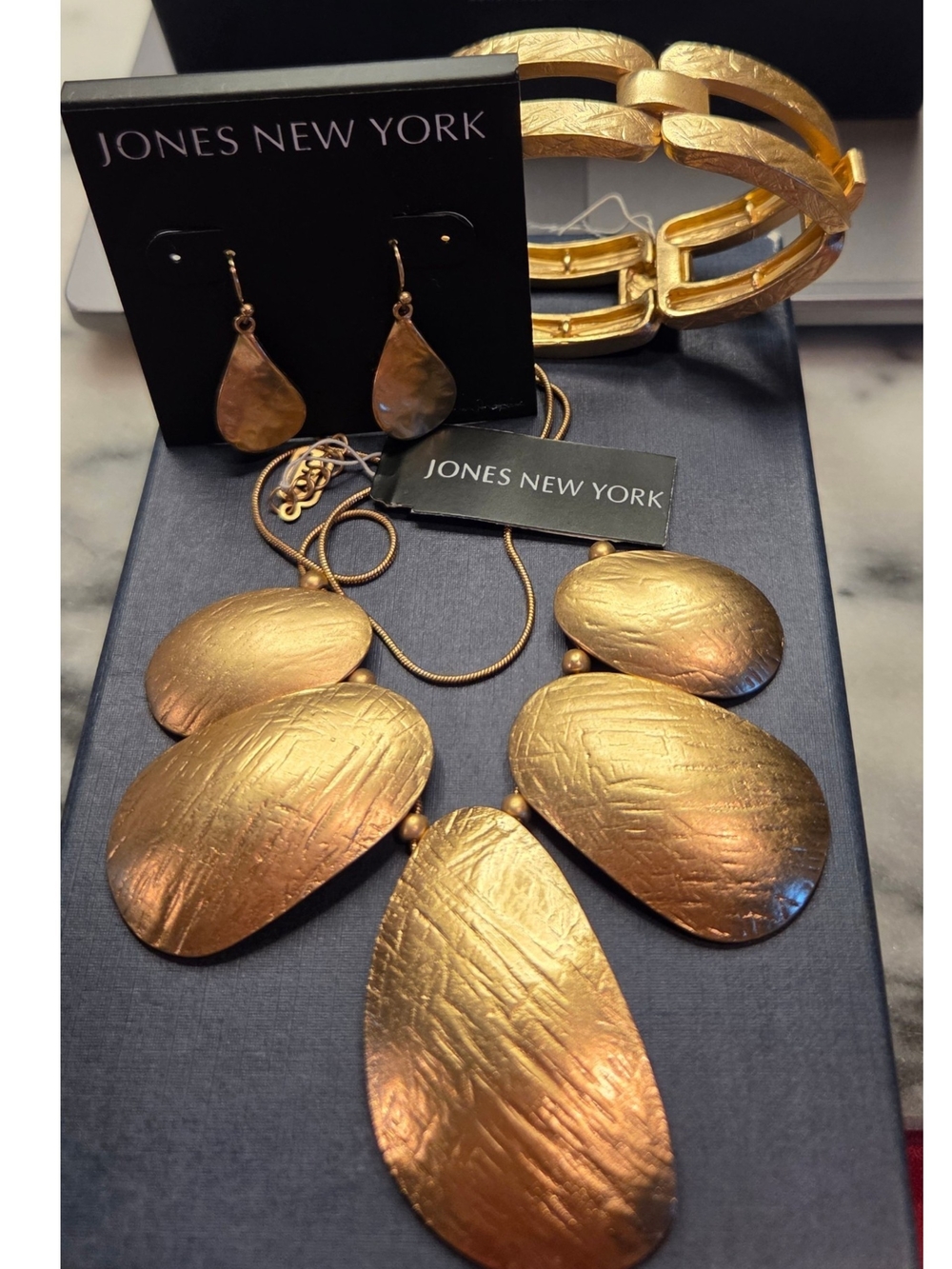JNY Gold-Tone Textured Bib Necklace with Matching Earrings & Bracelet